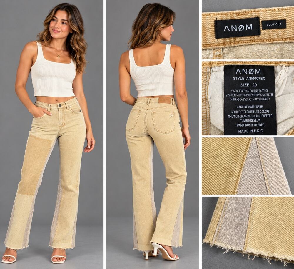 ANOM Womens Bootcut Jeans 29 Beige Tan Two Tone Colorblock Raw Hem Stretch